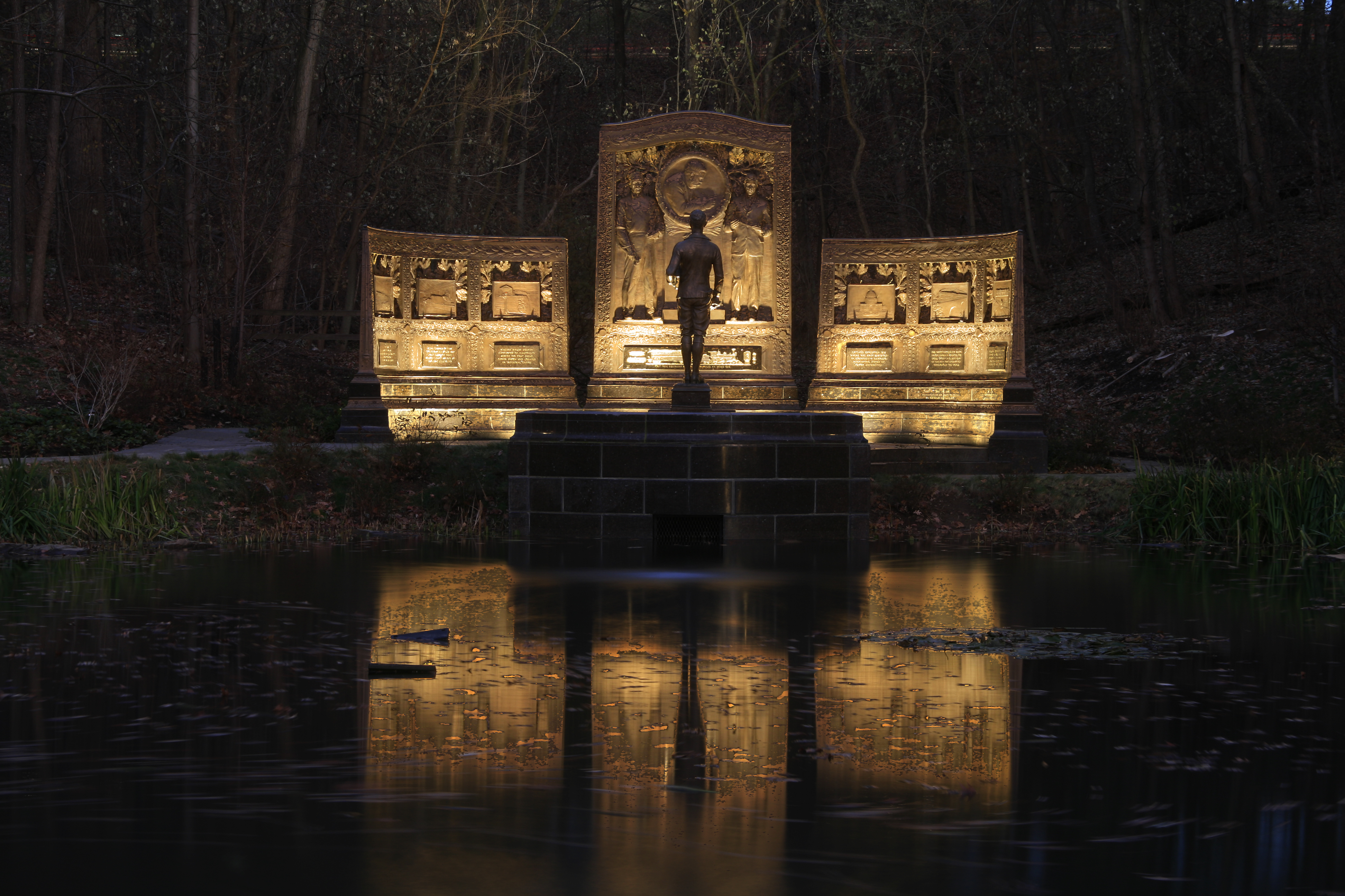 George Westinghouse Memorial and relecting pool at night